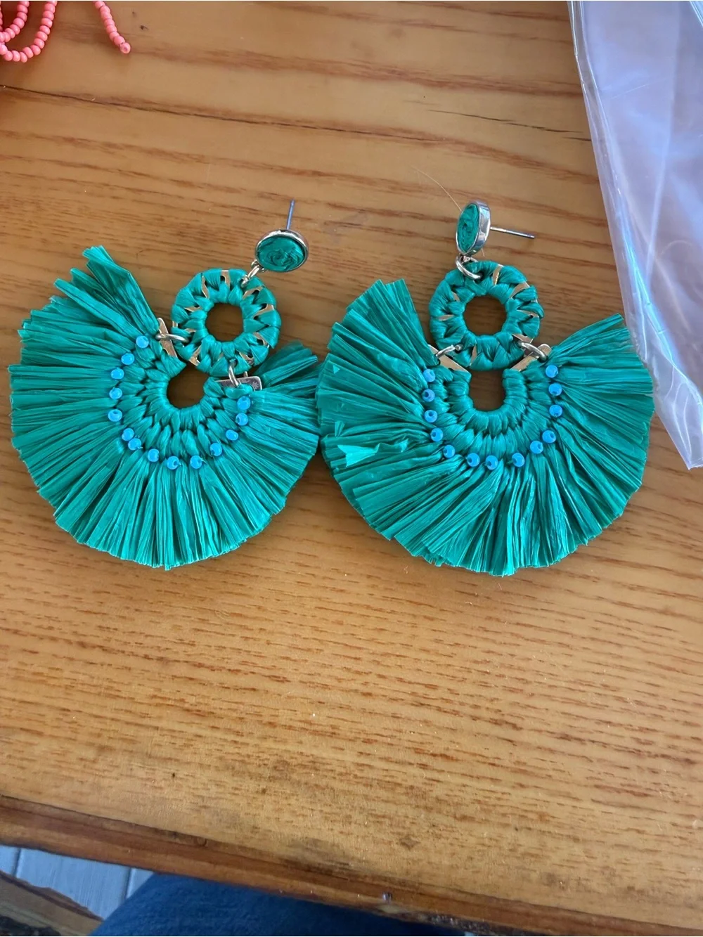 Teal Raffia Fan Drop Earrings - Women Jewelry
